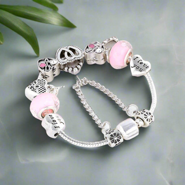 Charm Elegant Silver Charm Bracelet with Heart and Pink Beads - Perfect Gift for Her Unique Leather Bracelets