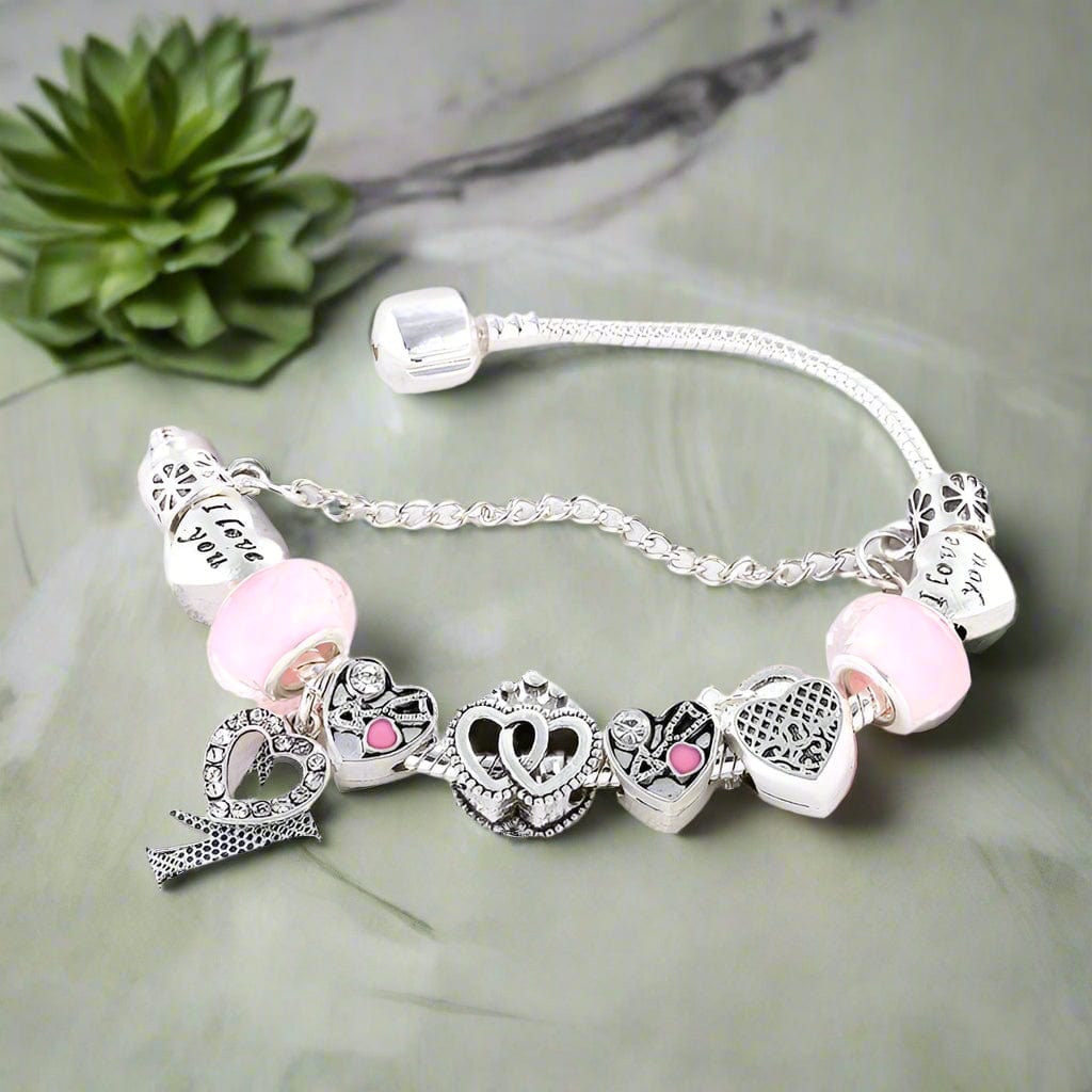 Charm Elegant Silver Charm Bracelet with Heart and Pink Beads - Perfect Gift for Her Unique Leather Bracelets