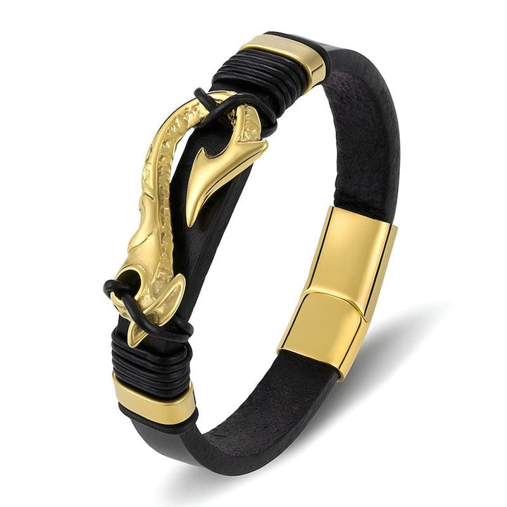 Fish Hook Charm Genuine Leather Bracelet Leather Unique Leather Bracelets 21.5cm Black/Gold 