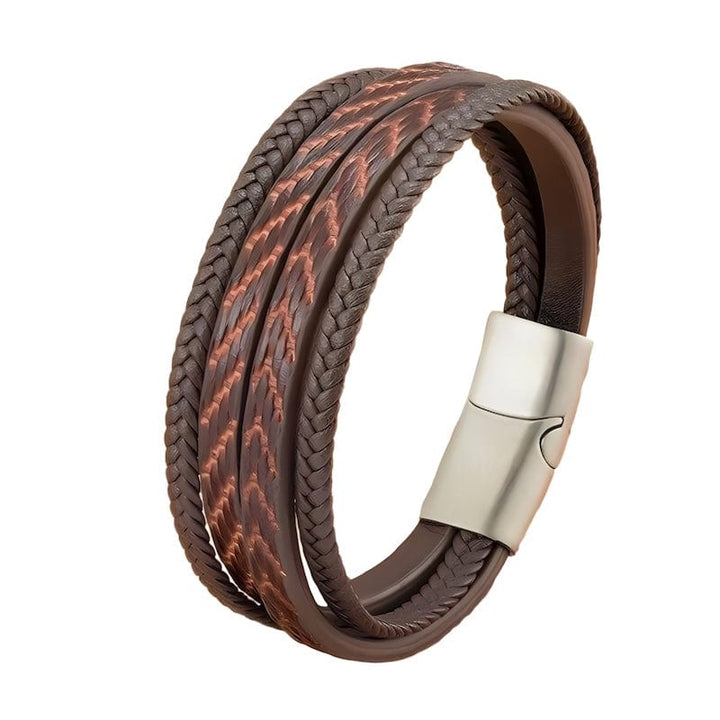 Pattern Design Multilayer Braid Leather Bracelet Leather Unique Leather Bracelets 19cm Brown/Silver 